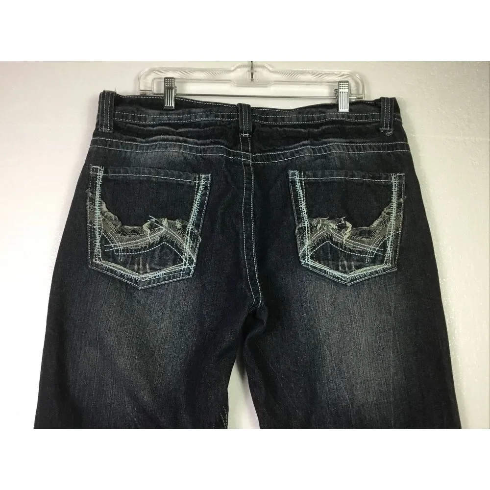 OTB Mens Jeans 38X32 Distressed embroidered StreetWear Blue denim cat whiskers - Picture 5 of 9